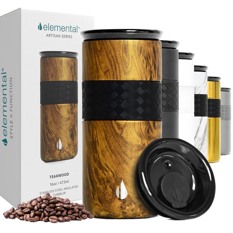 Elemental Artisan Insulated Tumbler, Triple Wall Coffee Travel Mug, Reusable Stainless Steel Coffee Tumbler with Ceramic Lid, Thermal Coffee Cups for Hot (6 Hrs) & Cold (18 Hrs), 16oz - Teakwood - Image 1